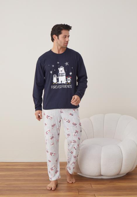 Pijama barbati Craciun "FOREVER FRIENDS " maneca lunga ,pantaloni lungi,Culoare Bleumarin ,Engros